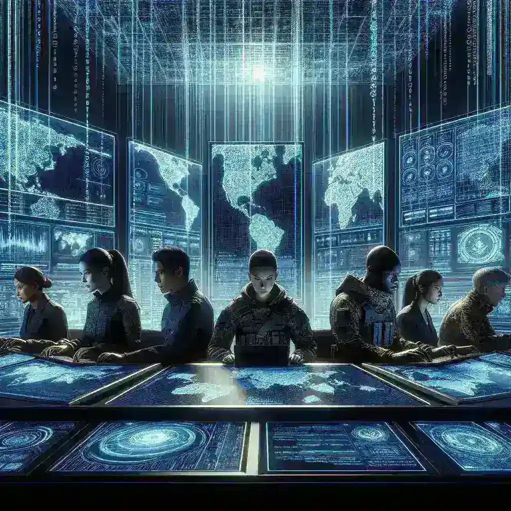 "Ilustrasi tim Cyber Force melakukan analisis data untuk melawan perang siber dan disinformasi di dunia digital."