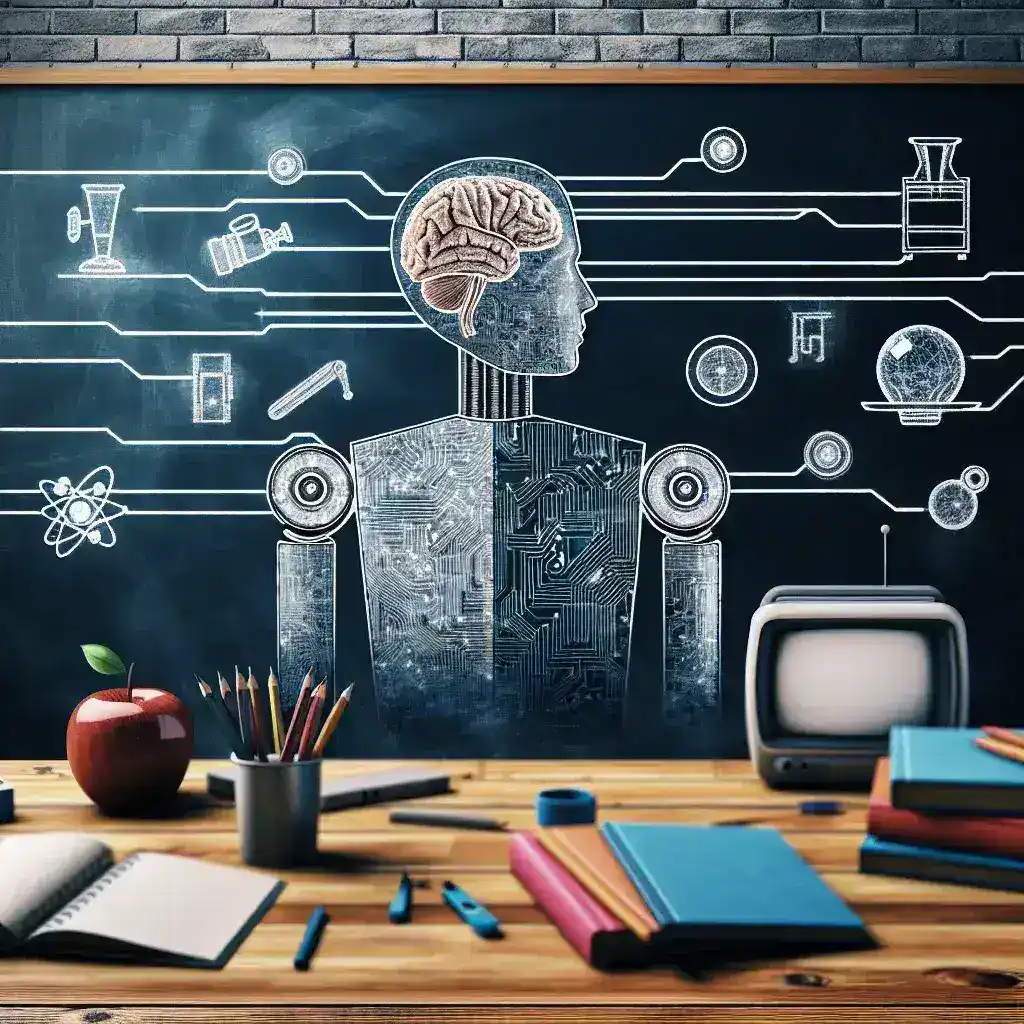 "Ilustrasi teknologi kecerdasan buatan dalam pendidikan, menampilkan guru dan siswa berinteraksi dengan alat AI, mencerminkan peran penting AI dalam transformasi metode pengajaran dan pembelajaran di masa depan."
